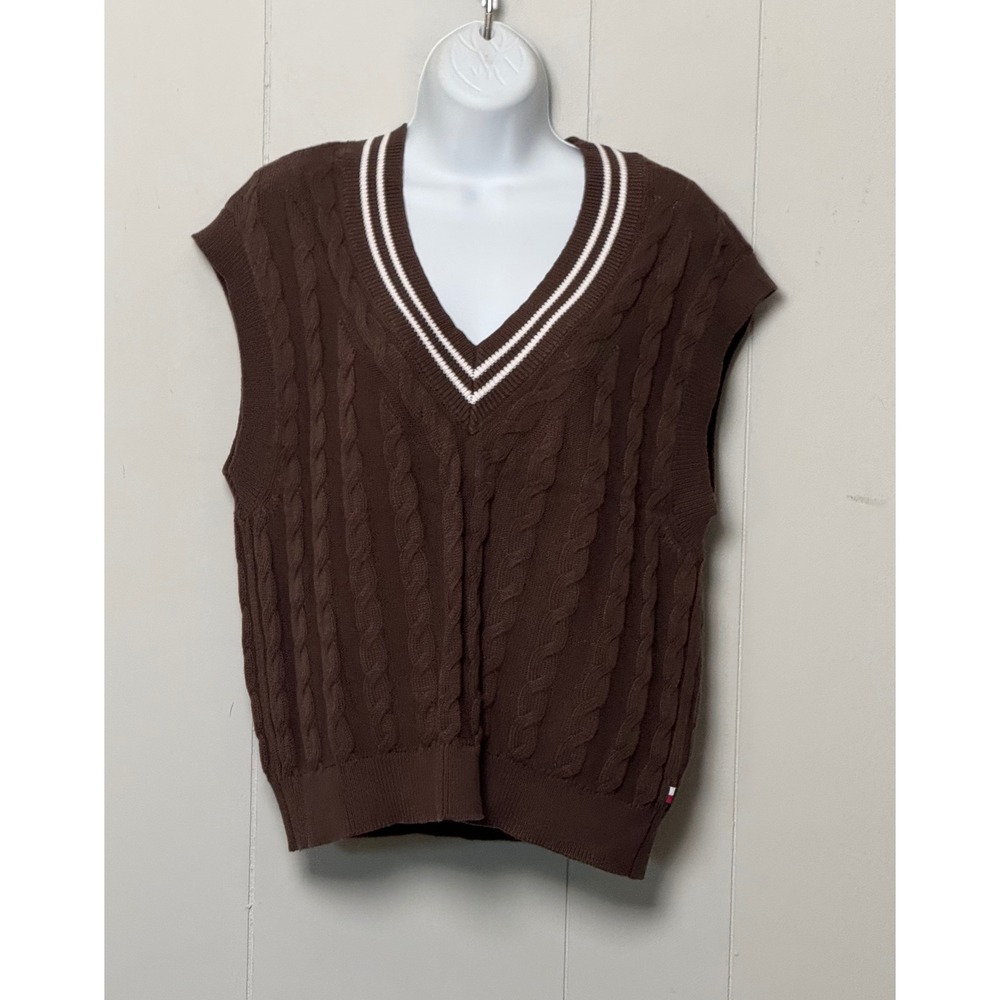 Tommy Hilfiger Women's Brown Cable Knit V-Neck Sweater Vest Striped Trim Size L